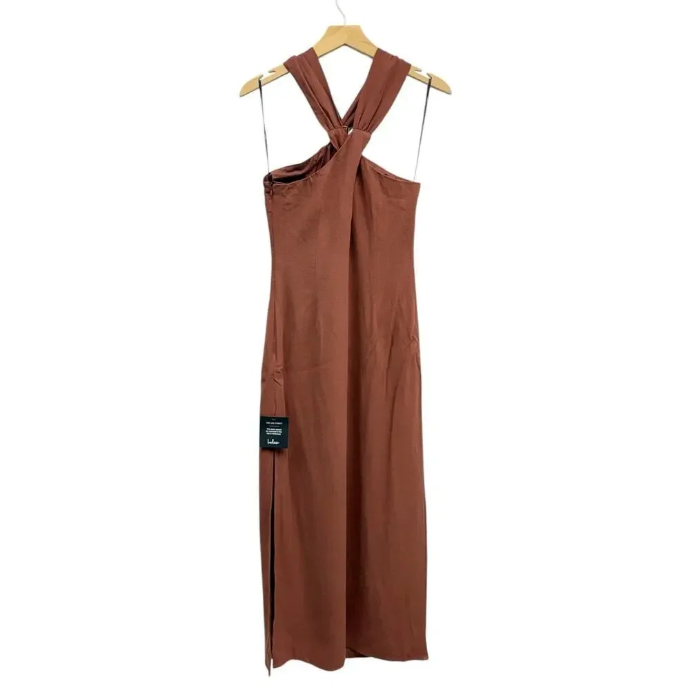 Lulus Calessia Rust Brown Linen Halter Neck Midi Dress size Medium NWT - Picture 3 of 6